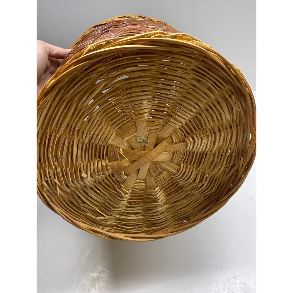 Woven Wicker Wastebasket Planter Two Tone Brown Tan Round Basket with Liner 10in